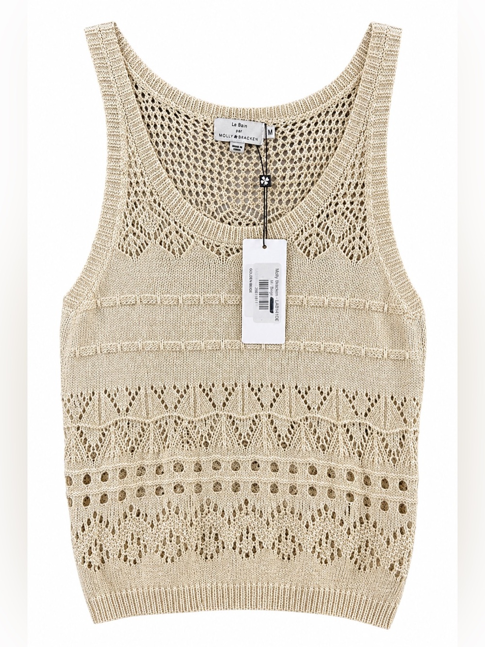 Molly Bracken Le Bain Golden Beige Metallic Crochet Knit Tank Top M NWT